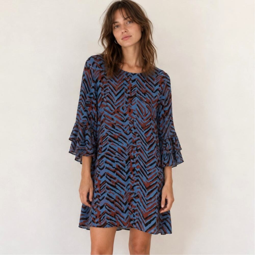 LaRoque 100% Silk Print Tunic Mini Dress Blue Brown Autumn Vacation One Size